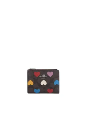 ( AS IS ) Coach Bifold Wallet In Signature Canvas With Heart Print In Brown Black Multi CP424