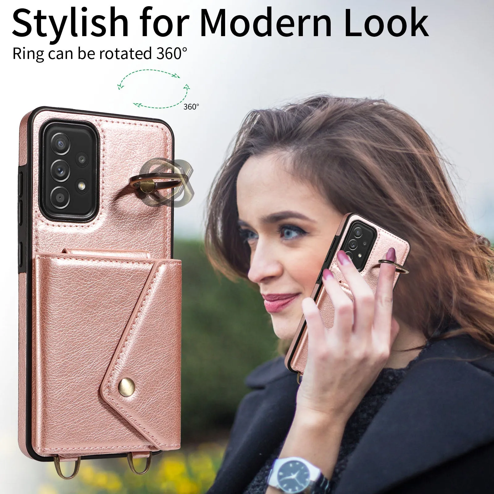 002 For Samsung Galaxy A52 4G / A52 5G / A52s 5G Card Bag Ring Kickstand Anti-drop Cover Litchi Texture Leather Coated TPU Phone Case with Shoulder Strap