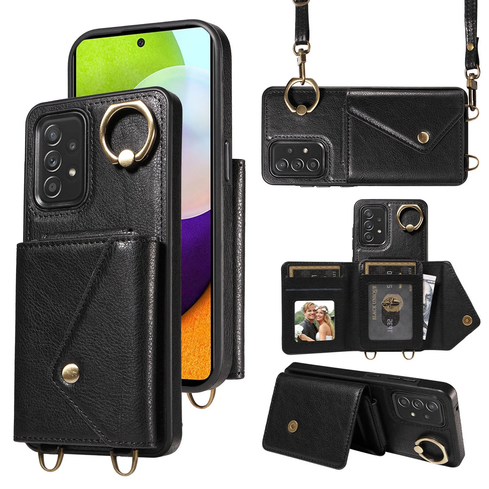 002 For Samsung Galaxy A52 4G / A52 5G / A52s 5G Card Bag Ring Kickstand Anti-drop Cover Litchi Texture Leather Coated TPU Phone Case with Shoulder Strap