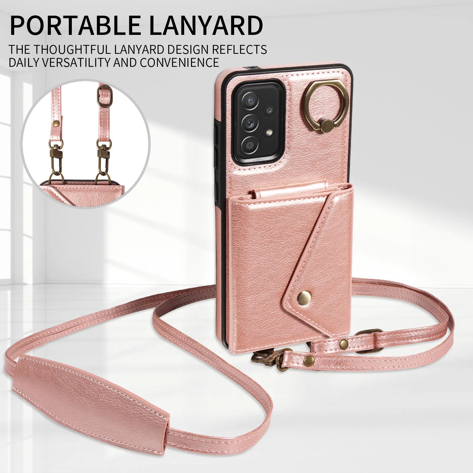 002 For Samsung Galaxy A52 4G / A52 5G / A52s 5G Card Bag Ring Kickstand Anti-drop Cover Litchi Texture Leather Coated TPU Phone Case with Shoulder Strap