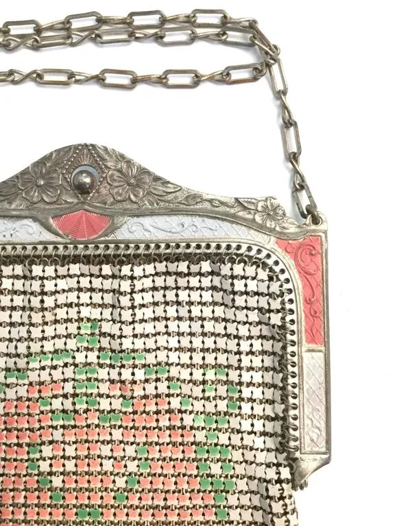 1920s Whiting and Davis Floral Enamel Mesh Purse