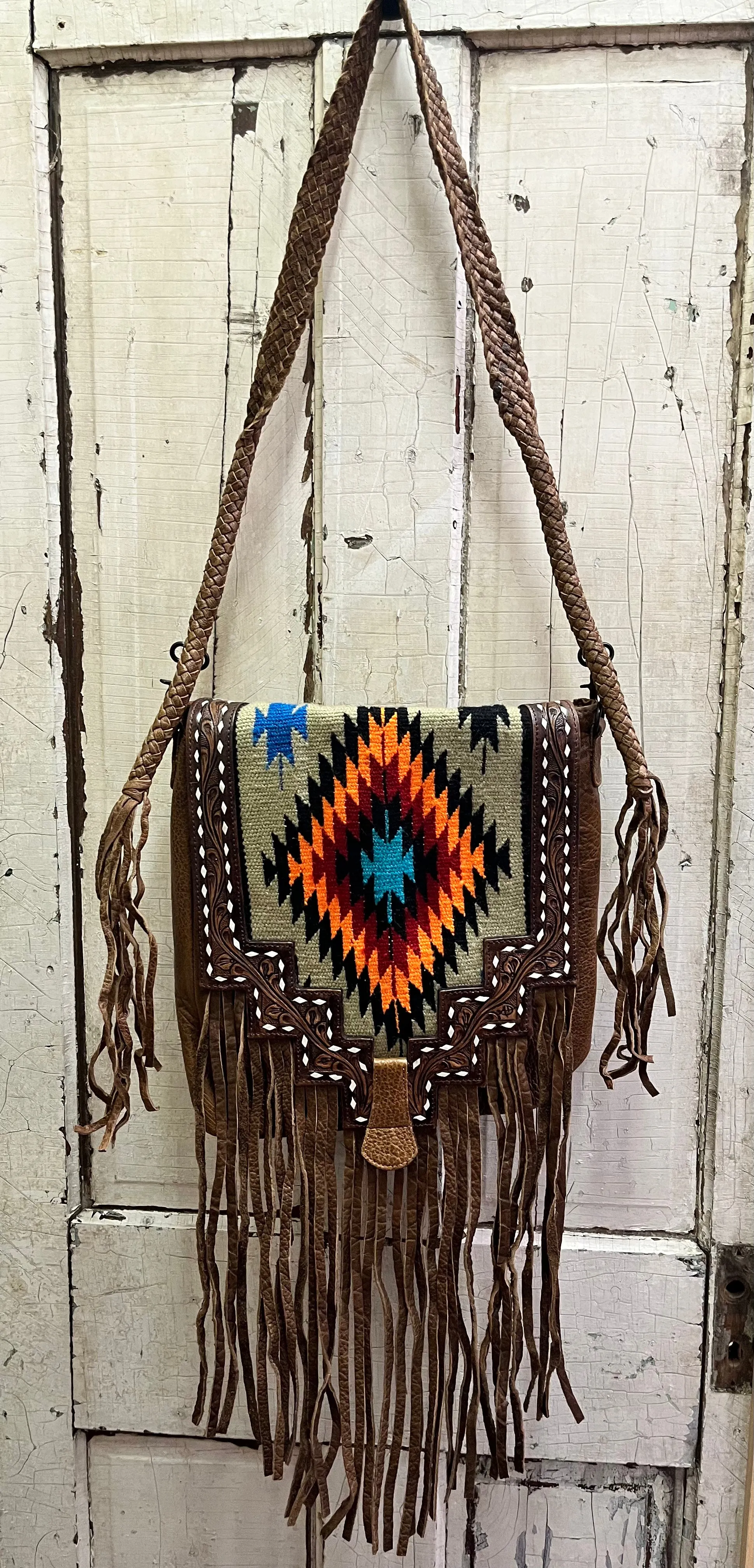 American Darling Saddle Blanket & Tooled Leather With Fringe Shoulder Bag Purse ADBGZ595B