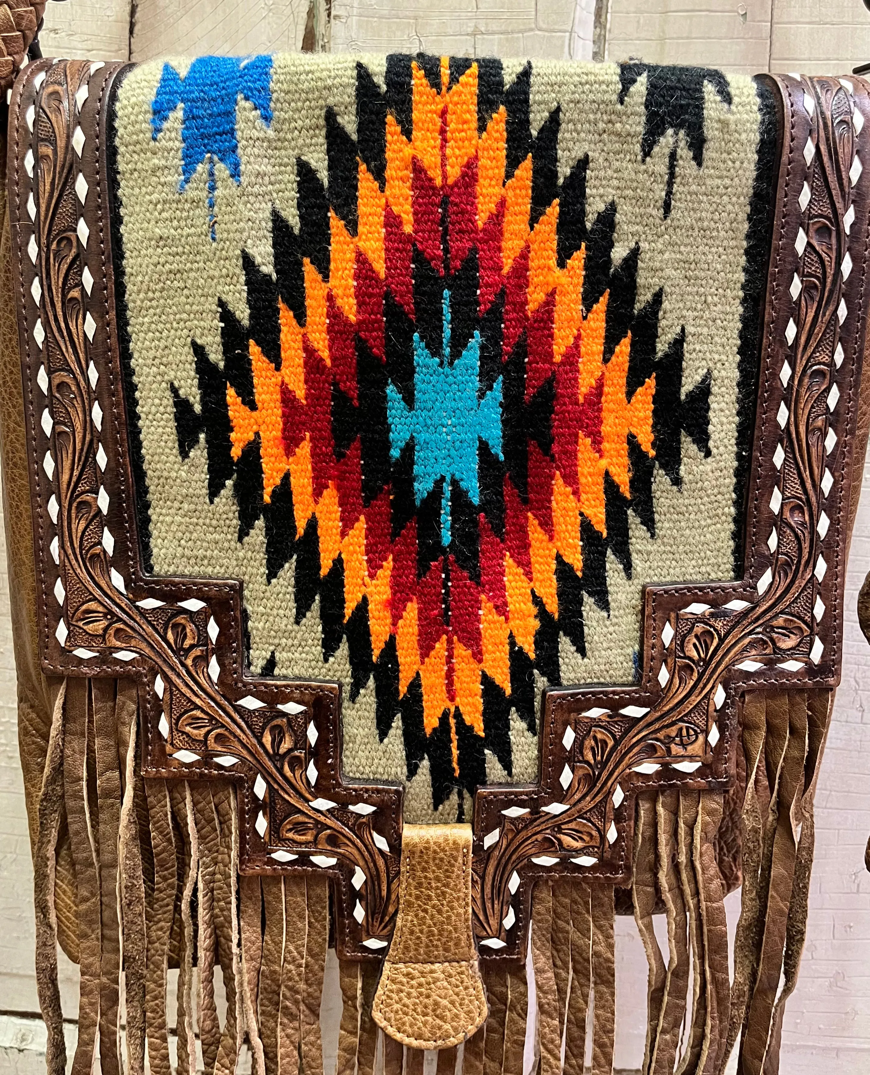 American Darling Saddle Blanket & Tooled Leather With Fringe Shoulder Bag Purse ADBGZ595B