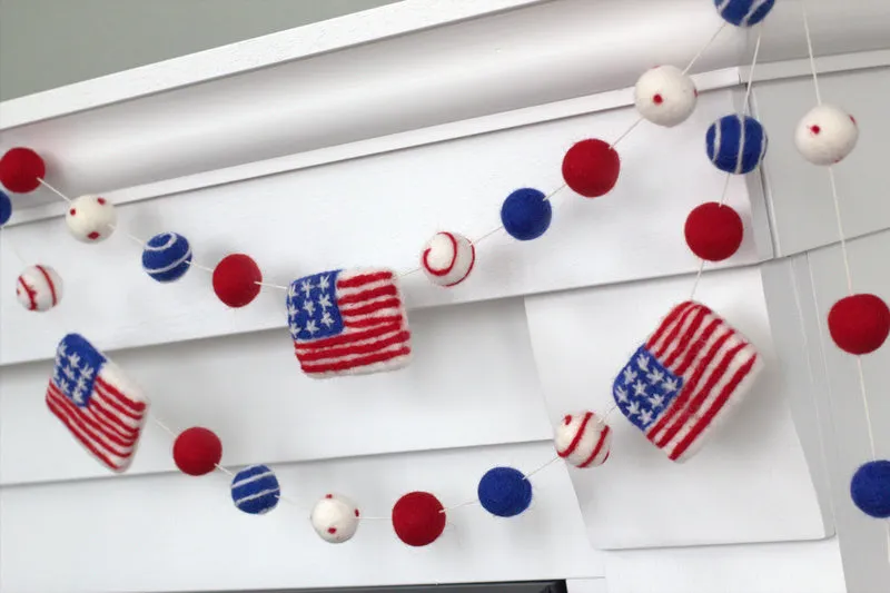 American Flag Garland with Felt Balls- Swirls & Dots