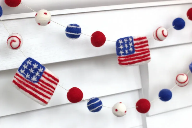 American Flag Garland with Felt Balls- Swirls & Dots