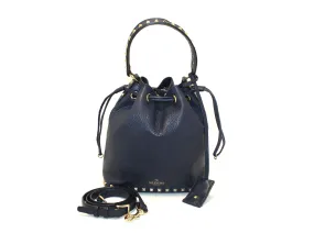 Authentic Valentino Garavani Navy Blue Rockstud Small Bucket Bag