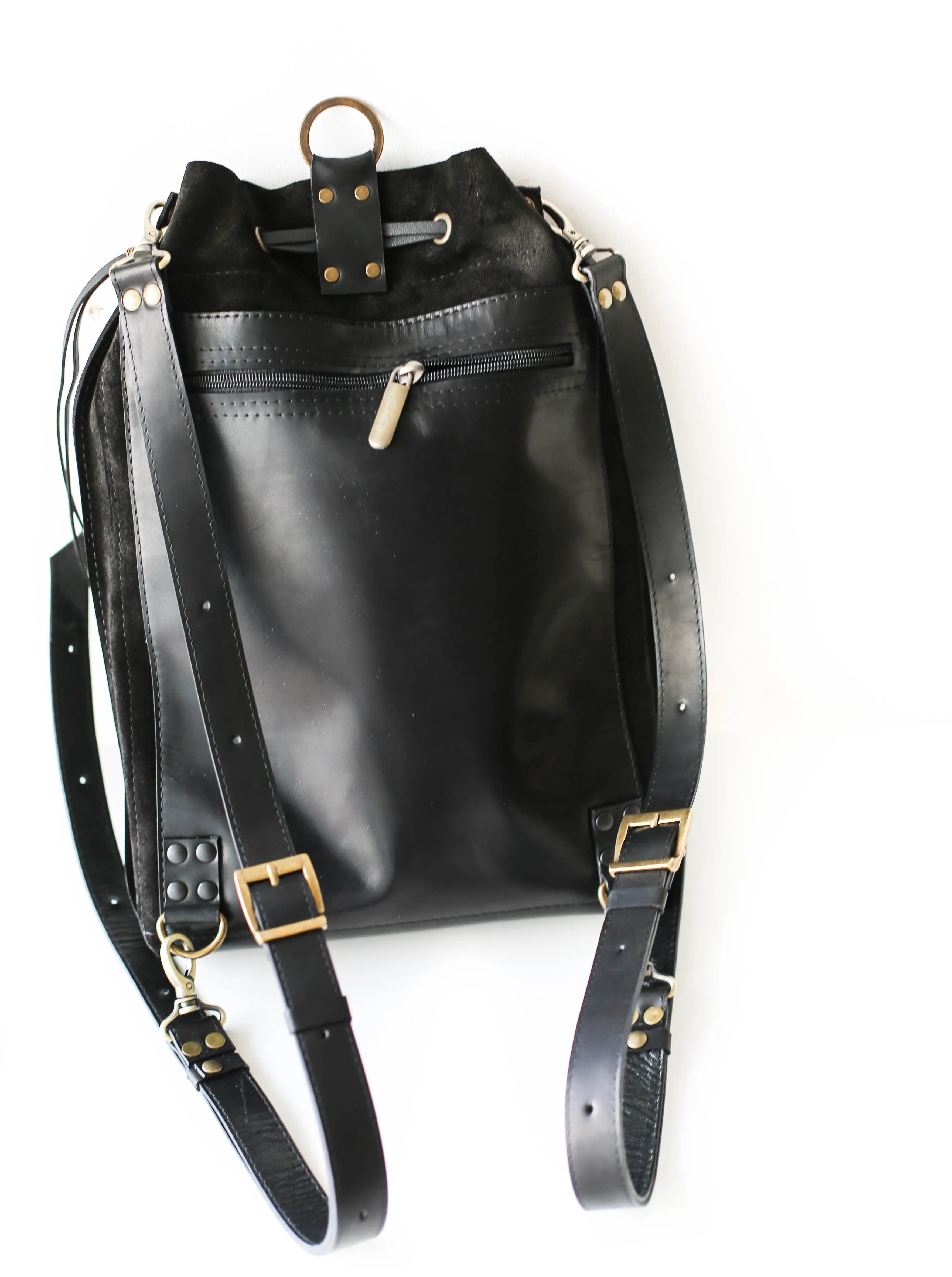 Black Leather Backpack Purse - Drawstring Backpack