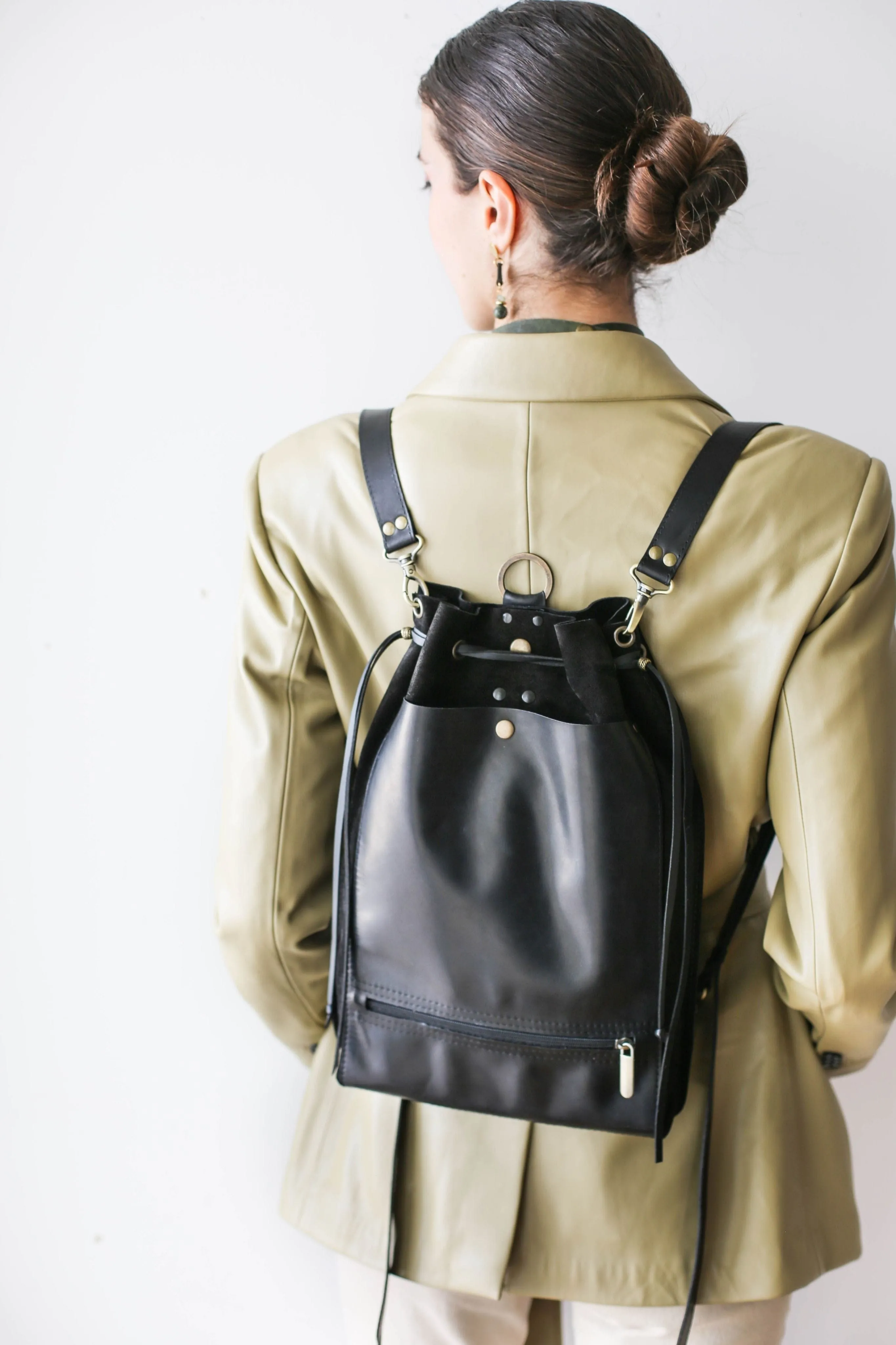 Black Leather Backpack Purse - Drawstring Backpack