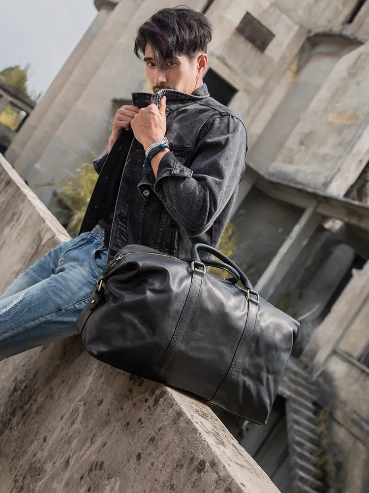 Black Leather Mens 16" Weekender Bag Travel Shoulder Bag Black Luggage Duffle Bag for Men