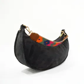 BLACK VELVET half moon crescent purse, reversible, detachable embroidered leather handles, 13(w)X6.5(ht) inches