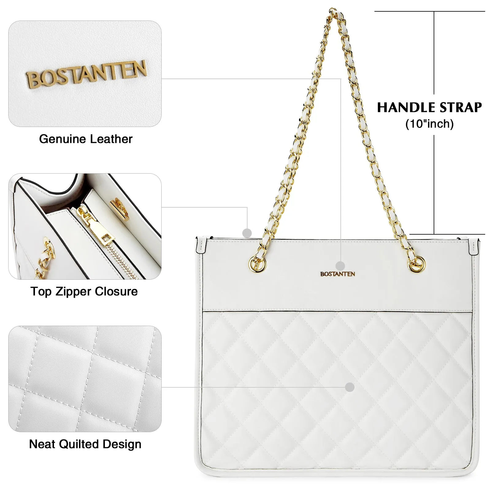 BOSTANTEN Handbags for Women Designer Leather Purses Quilted Shoulder Tote Bag with Chain Strap