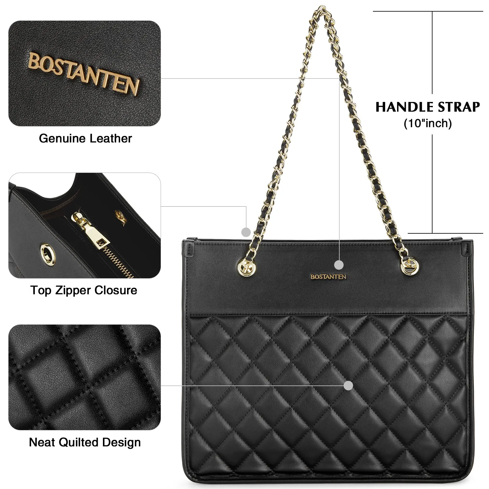 BOSTANTEN Handbags for Women Designer Leather Purses Quilted Shoulder Tote Bag with Chain Strap