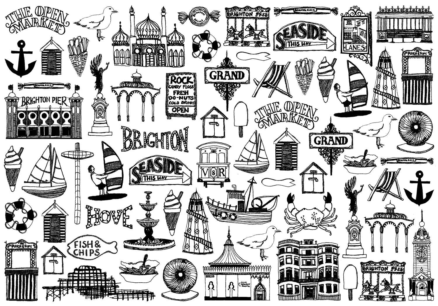 Brighton black and white illustrated blank greeting card