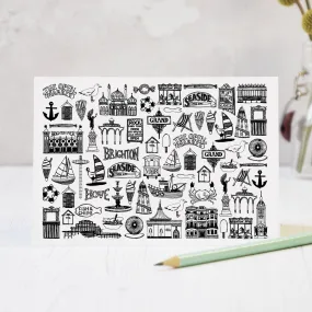 Brighton black and white illustrated blank greeting card