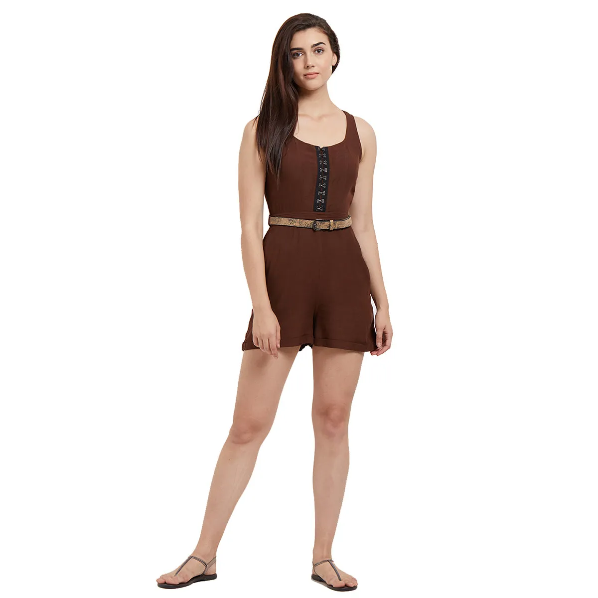 Brown Short Jumpsuit with Belt