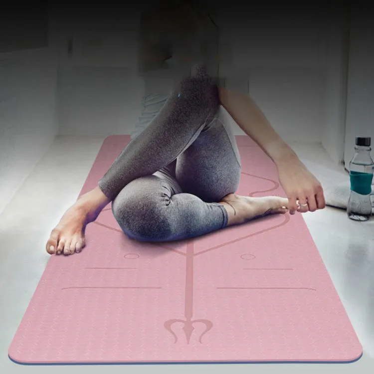 BSJ002 TPE Double Layer Two-Color Yoga Mat Fitness Mat with Body Line, Specification: 183 x 61 x 0.6cm(Cherry Blossom Pink   Blue)