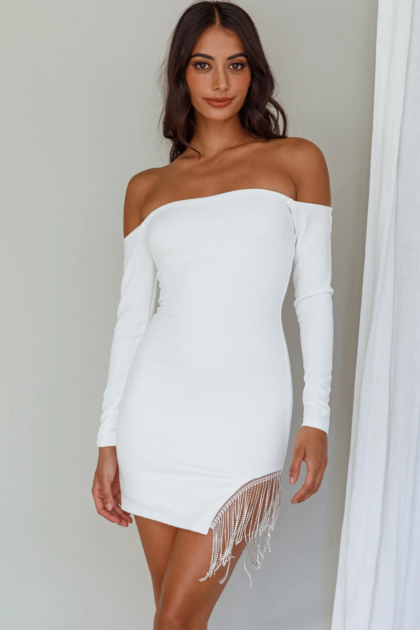 Call On Me Diamante Off-Shoulder Mini Dress White