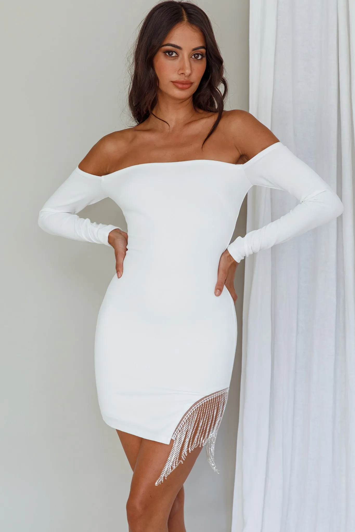 Call On Me Diamante Off-Shoulder Mini Dress White