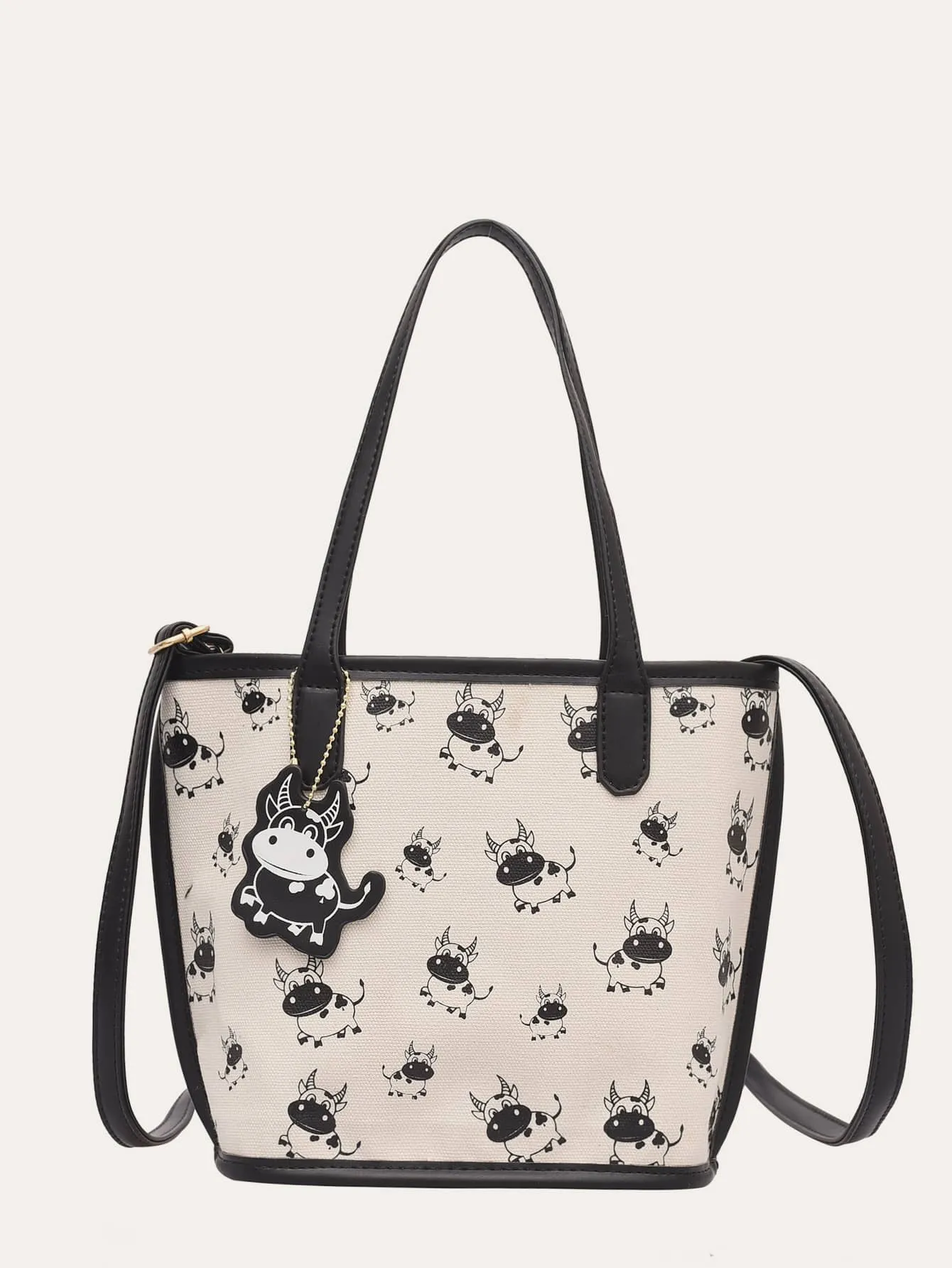 Cartoon Cow Print Tote Bag With Crossbody Bag