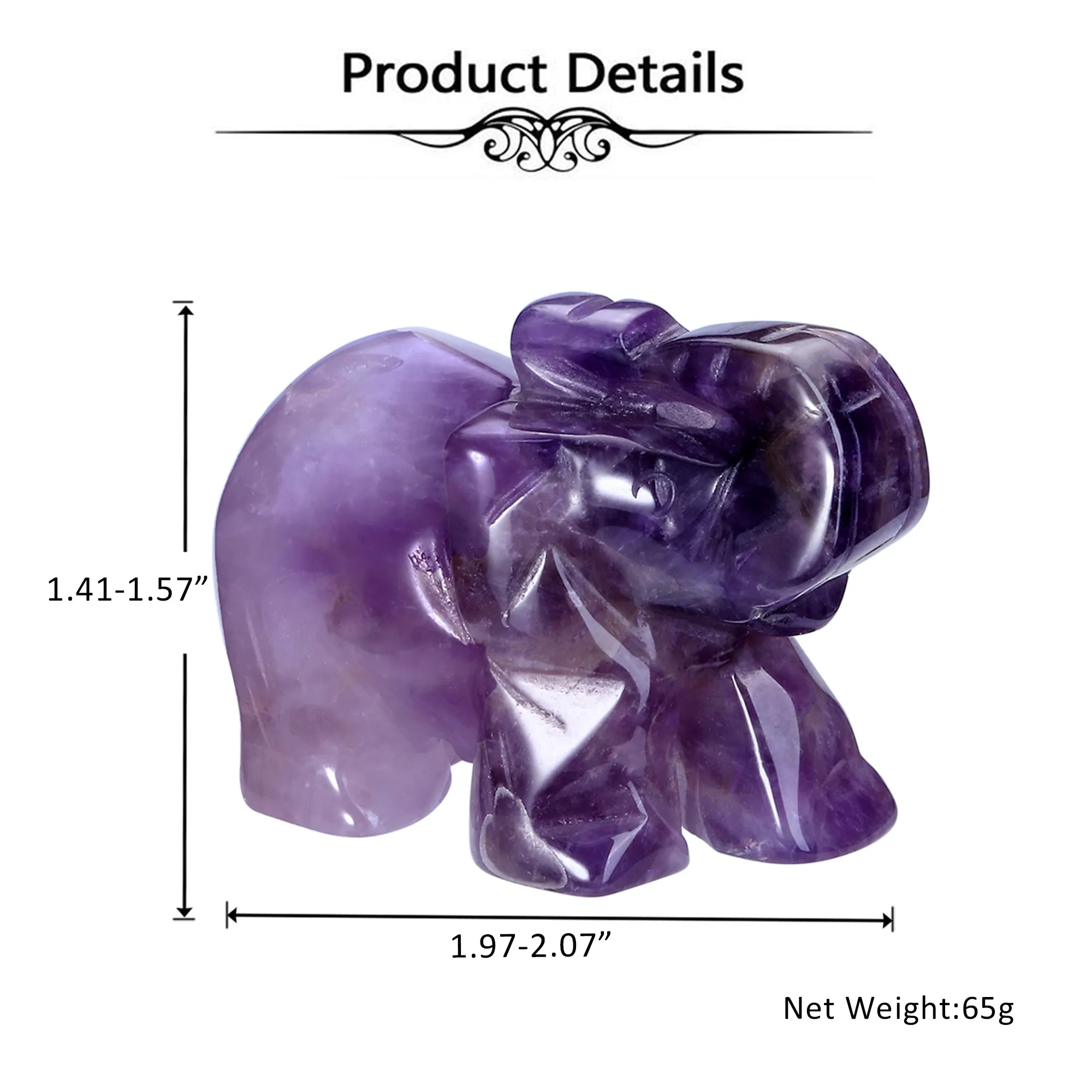 Carved Natural Amethyst Crystal Elephant Ornament 2'' 2PCS | Jovivi