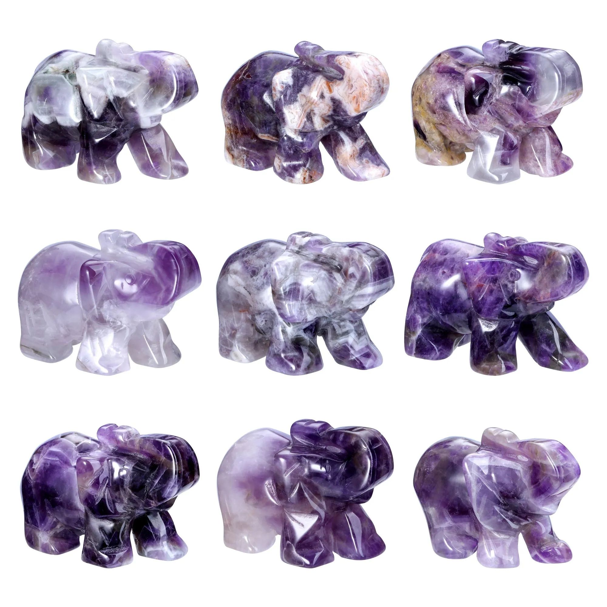 Carved Natural Amethyst Crystal Elephant Ornament 2'' 2PCS | Jovivi