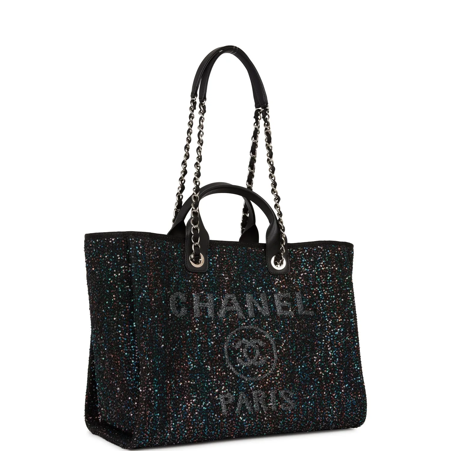 Chanel Large Deauville Shopping Bag Black Sequin Boucle Silver Hardware