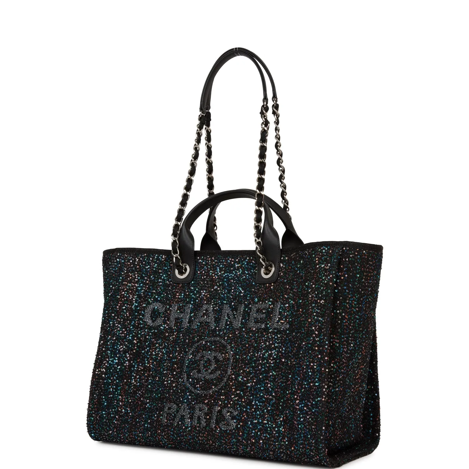 Chanel Large Deauville Shopping Bag Black Sequin Boucle Silver Hardware