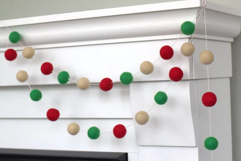 Christmas Felt Ball Garland- Red, Kelly Green, Almond