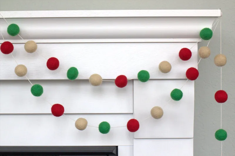 Christmas Felt Ball Garland- Red, Kelly Green, Almond