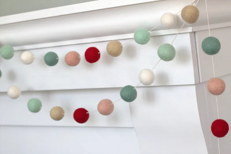 Christmas Felt Ball Garland- Red, Pink, Teal, Almond, White