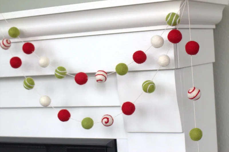 Christmas Felt Ball Garland- Swirls- Red, Green, White