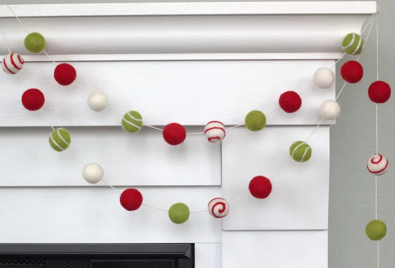 Christmas Felt Ball Garland- Swirls- Red, Green, White