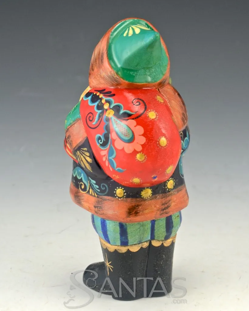 Colorful Russian Santa with Staff and toy bag and Boots