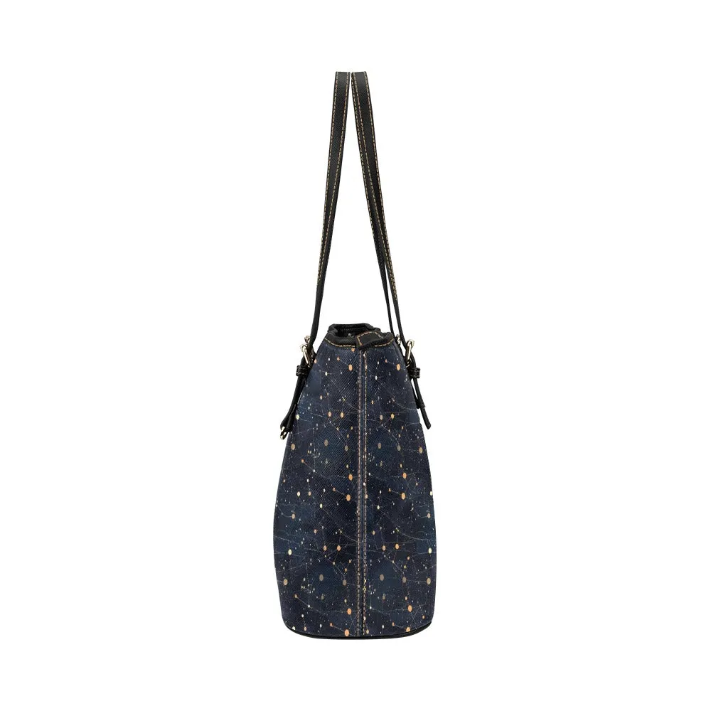 Constellation Tote Bag Purse, Galaxy Space Celestial Print Handbag Vegan Leather Zip on Top Designer Shoulder Small Large Ladies Women