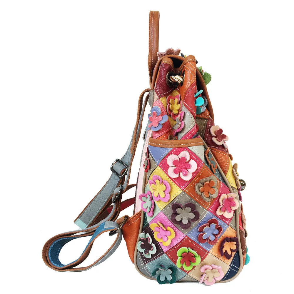 Cowhide Patchwork Diamond Checkered Flower Retro Style Backpack