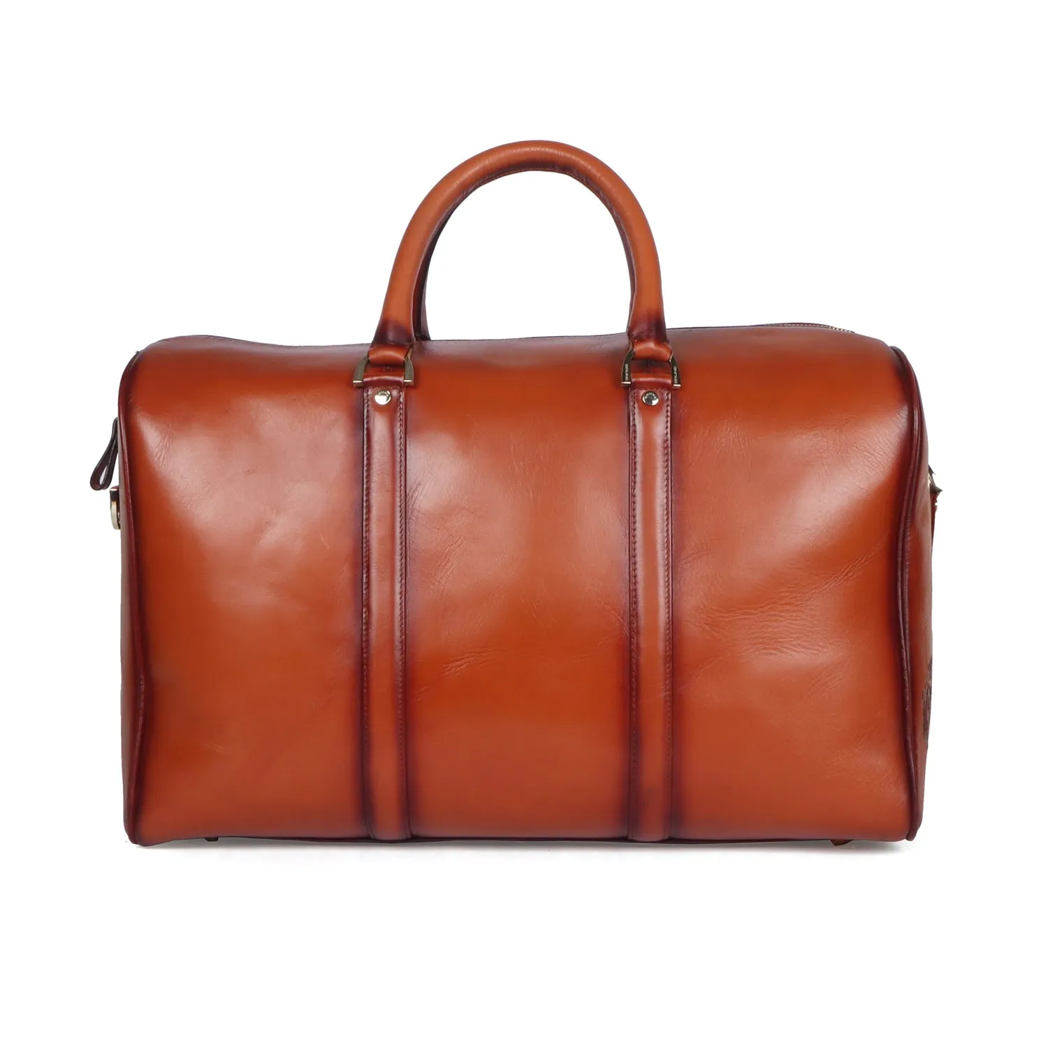 Customized 'VP' Metal Initial Handmade Tan Leather Duffle Bag With Bag Tag By Brune & Bareskin