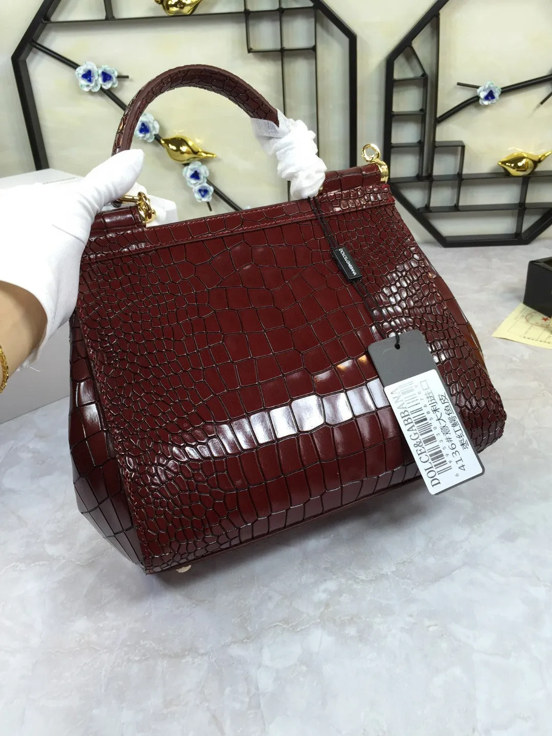 DG Medium Sicily Bag In Foiled Crocodile-Print Burgundy For Women 10.2in/26cm DG