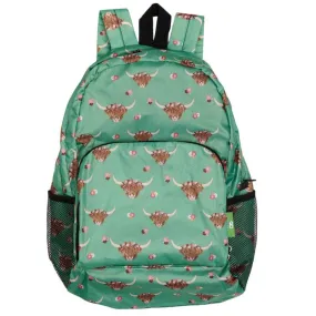 ECO CHIC Foldaway Back Pack/School Bag/Shopping Bag - Made From Recycled Plastic Bottles - Floral Highland Cow (Green)