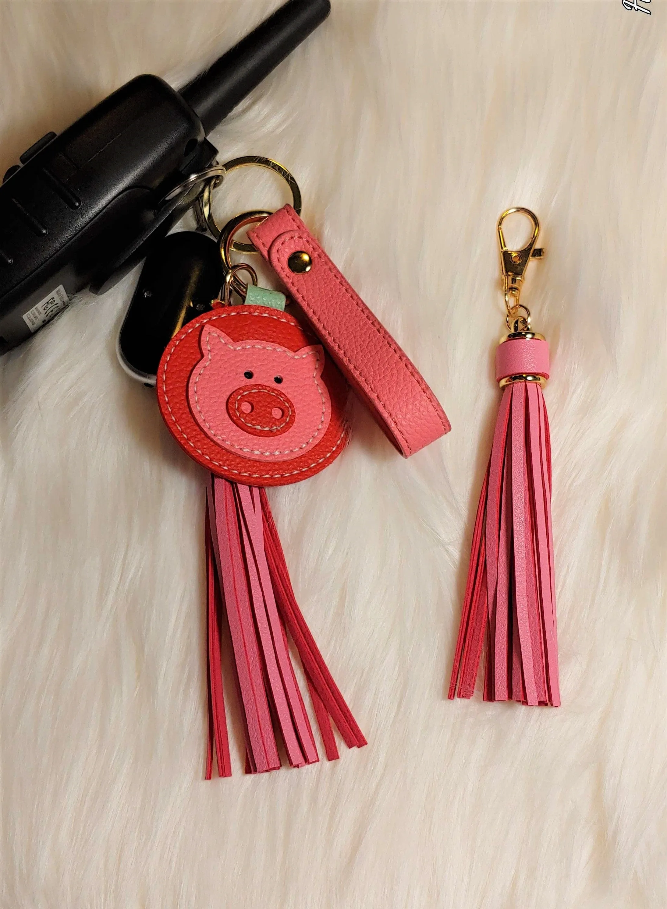 Faux Leather Pig Key Chain with Strap, Tassel and Rooterville Logo!*