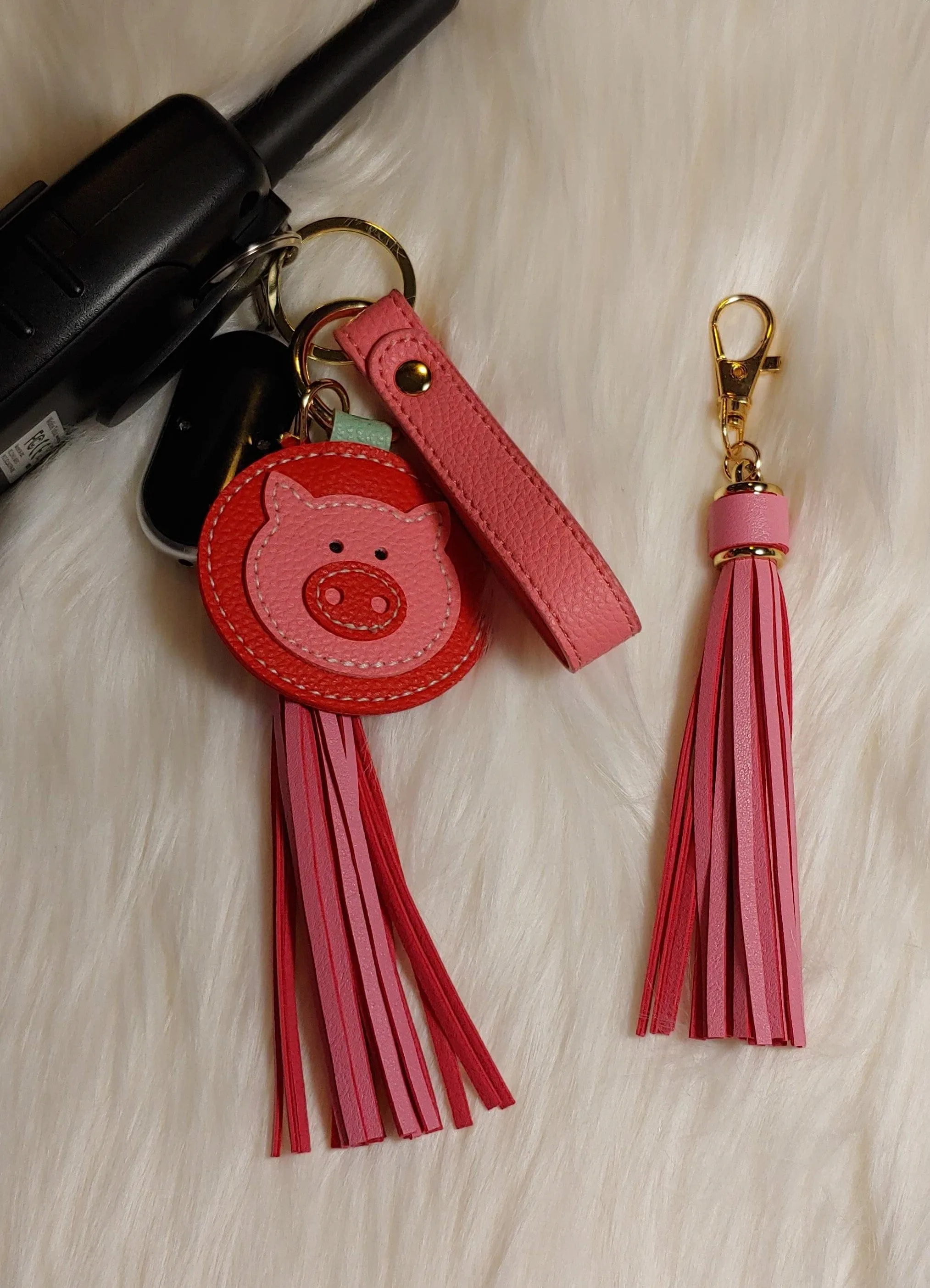 Faux Leather Pig Key Chain with Strap, Tassel and Rooterville Logo!*