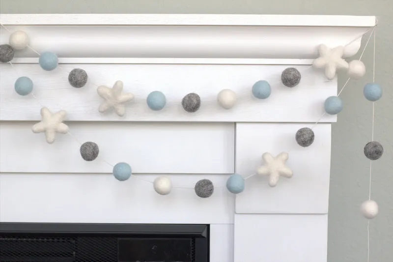 Felt Ball & Star Garland- Ice Blue, Gray, White