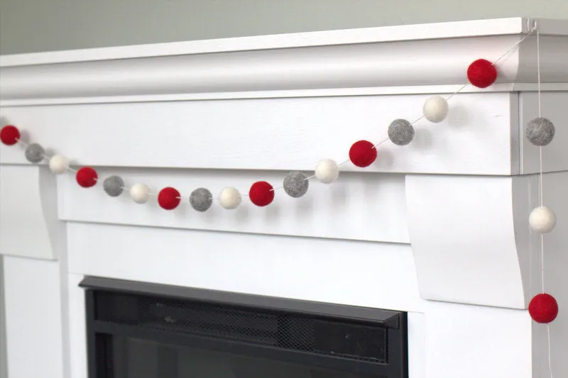 Felt Ball Garland- Red, Gray, White- Christmas, Valentine's