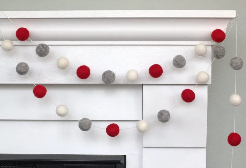 Felt Ball Garland- Red, Gray, White- Christmas, Valentine's