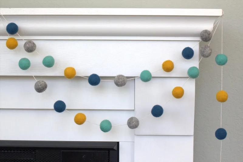 Felt Ball Garland- Turquoise, Peacock, Gray & Golden