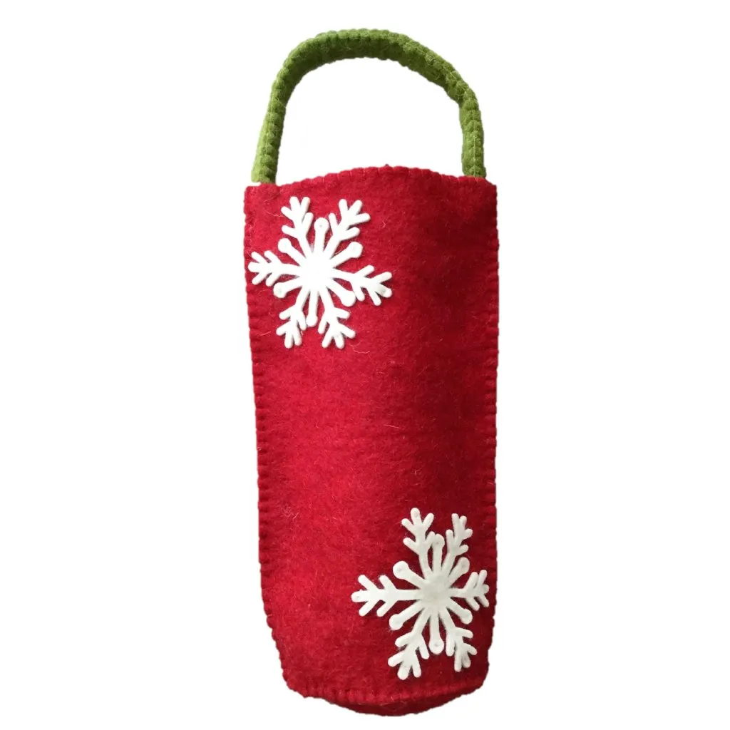 Felt Gift Bottle Bag in Red with Cream Snowflakes