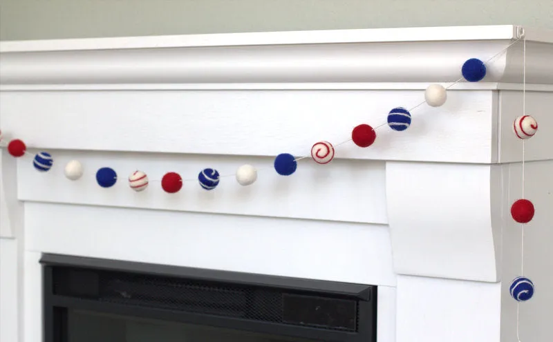 Fourth of July Felt Ball Garland- Red, White & Blue- Swirls