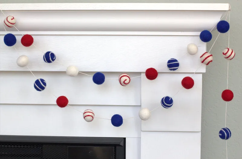 Fourth of July Felt Ball Garland- Red, White & Blue- Swirls