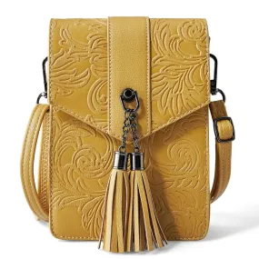 Fringe decorated orchid embossed Shoulder Bag-YELLOW