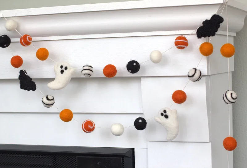 Ghost & Bat Halloween Felt Garland- Orange, Black- Dots & Swirls