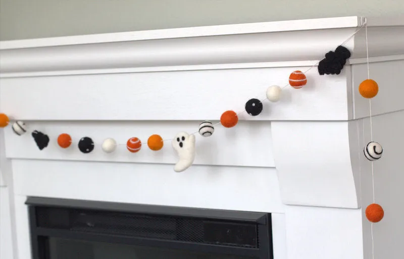 Ghost & Bat Halloween Felt Garland- Orange, Black- Dots & Swirls